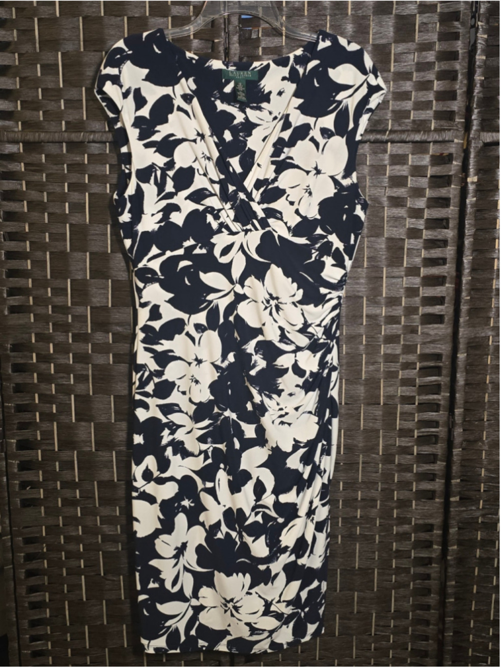 Lauren Ralph Lauren Floral Ruched Sheath Dress 12 Navy Blue Cream NWOT Cap Sleev